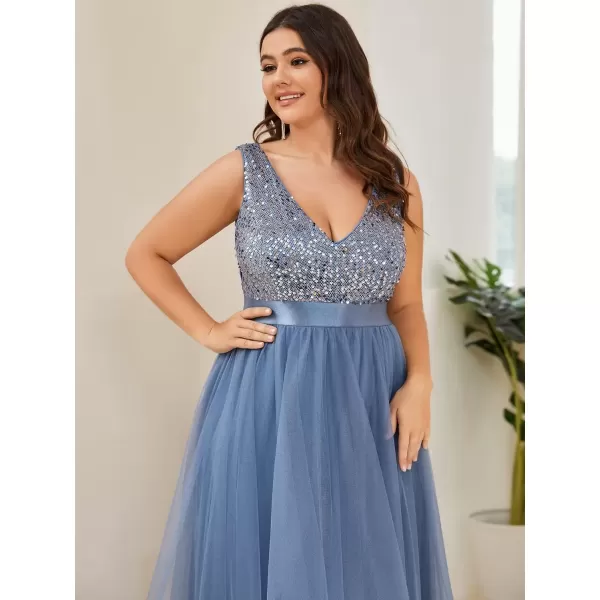 imageEverPretty Womens Double V Neck A Line High Low Sequin Tulle Plus Size Formal Dresses for Curvy Women 0147ADADusty Navy