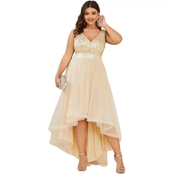 imageEverPretty Womens Double V Neck A Line High Low Sequin Tulle Plus Size Formal Dresses for Curvy Women 0147ADAGold