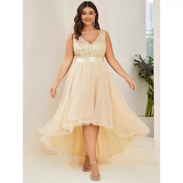 imageEverPretty Womens Double V Neck A Line High Low Sequin Tulle Plus Size Formal Dresses for Curvy Women 0147ADAGold