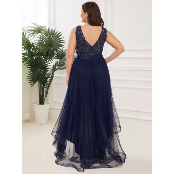 imageEverPretty Womens Double V Neck A Line High Low Sequin Tulle Plus Size Formal Dresses for Curvy Women 0147ADANavy Blue