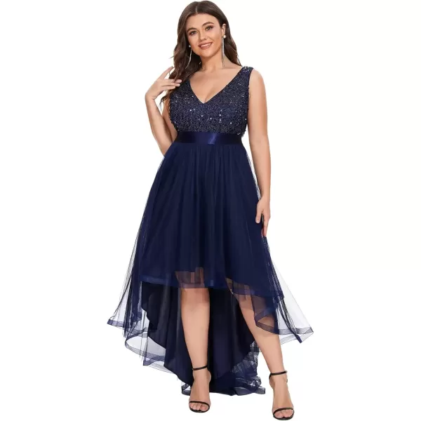 imageEverPretty Womens Double V Neck A Line High Low Sequin Tulle Plus Size Formal Dresses for Curvy Women 0147ADANavy Blue