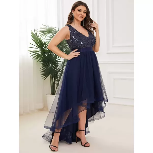 imageEverPretty Womens Double V Neck A Line High Low Sequin Tulle Plus Size Formal Dresses for Curvy Women 0147ADANavy Blue