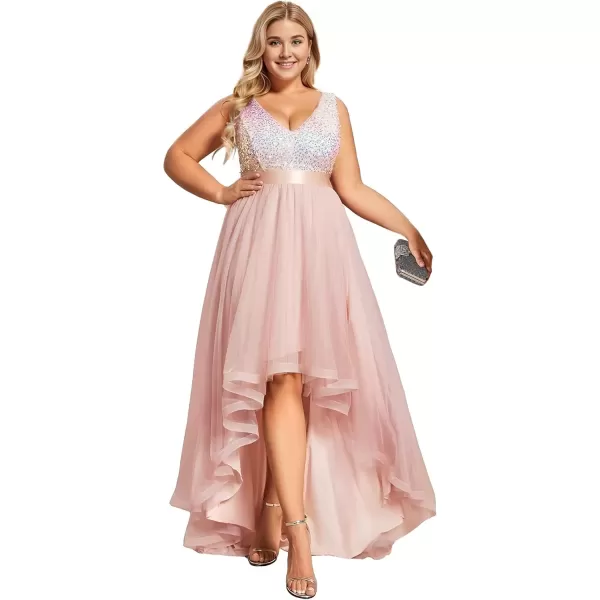 imageEverPretty Womens Double V Neck A Line High Low Sequin Tulle Plus Size Formal Dresses for Curvy Women 0147ADAPink