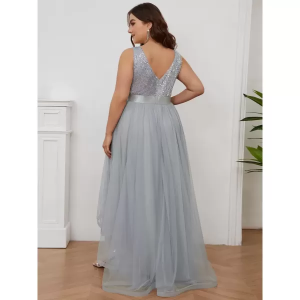 imageEverPretty Womens Double V Neck A Line High Low Sequin Tulle Plus Size Formal Dresses for Curvy Women 0147ADASilver