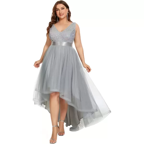 imageEverPretty Womens Double V Neck A Line High Low Sequin Tulle Plus Size Formal Dresses for Curvy Women 0147ADASilver