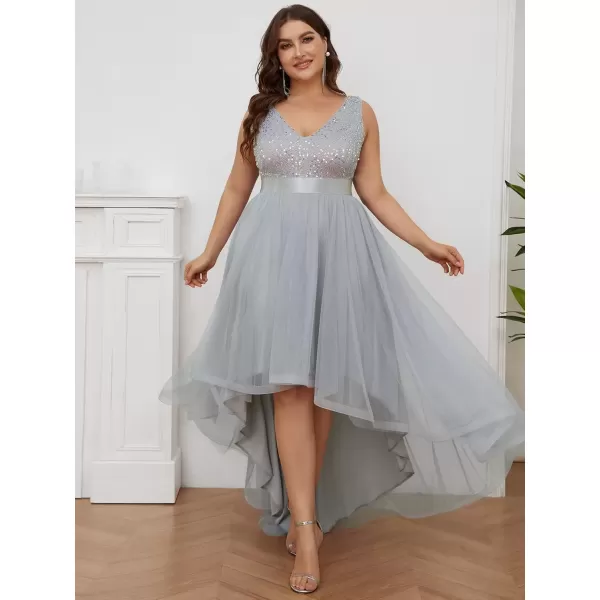 imageEverPretty Womens Double V Neck A Line High Low Sequin Tulle Plus Size Formal Dresses for Curvy Women 0147ADASilver