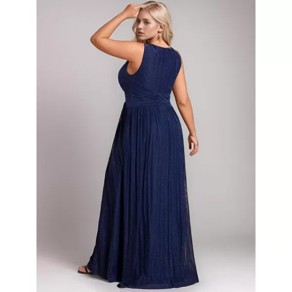 imageEverPretty Womens Glitter V Neck Formal Gowns Pleated Sleeveless Plus Size Formal Dress 02133DANavy Blue