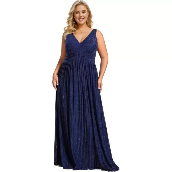 imageEverPretty Womens Glitter V Neck Formal Gowns Pleated Sleeveless Plus Size Formal Dress 02133DANavy Blue