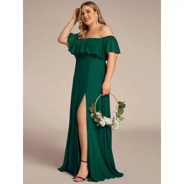 imageEverPretty Womens Off Shoulder Ruffle Sleeves Side Split Chiffon Plus Size Semi Formal Dresses for Women 00968DADark Green