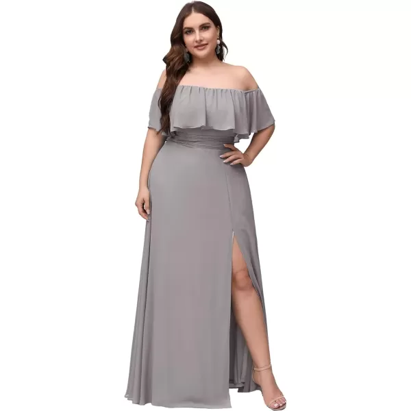 imageEverPretty Womens Off Shoulder Ruffle Sleeves Side Split Chiffon Plus Size Semi Formal Dresses for Women 00968DAGray