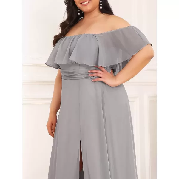 imageEverPretty Womens Off Shoulder Ruffle Sleeves Side Split Chiffon Plus Size Semi Formal Dresses for Women 00968DAGray