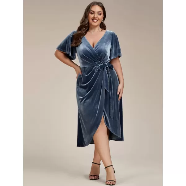 imageEverPretty Womens One Piece V Neck Ruffled Sleeves Velvet Plus Size Wedding Guest Dress 01964DADusty Navy