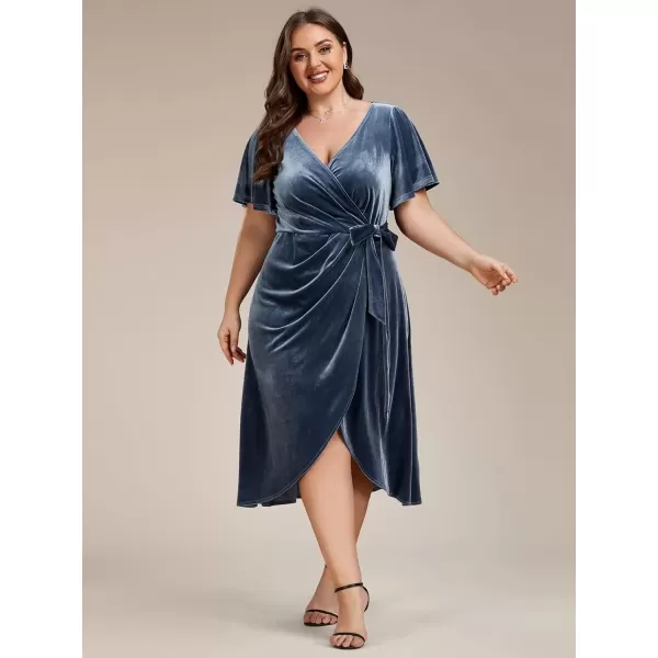 imageEverPretty Womens One Piece V Neck Ruffled Sleeves Velvet Plus Size Wedding Guest Dress 01964DADusty Navy