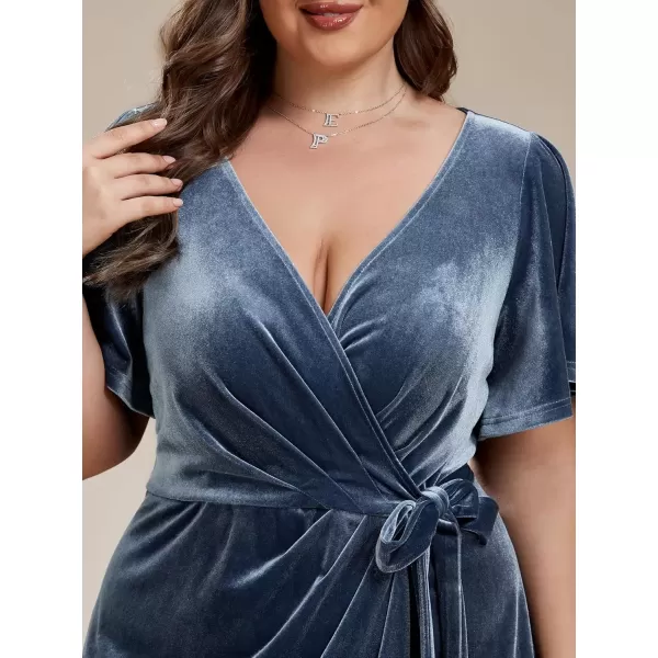 imageEverPretty Womens One Piece V Neck Ruffled Sleeves Velvet Plus Size Wedding Guest Dress 01964DADusty Navy