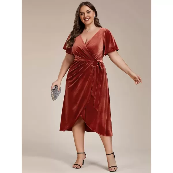 imageEverPretty Womens One Piece V Neck Ruffled Sleeves Velvet Plus Size Wedding Guest Dress 01964DAMaroon