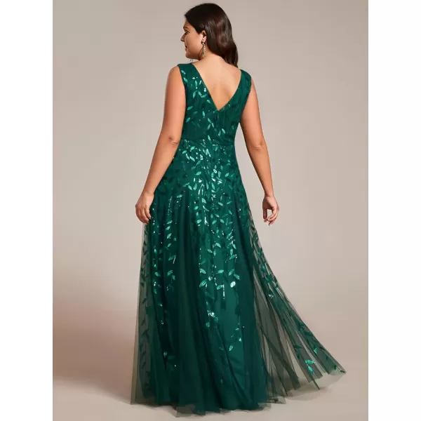 imageEverPretty Womens Plus Size V Neck Aline Sleeveless Sequin Emboridery Formal DressesAdark Green