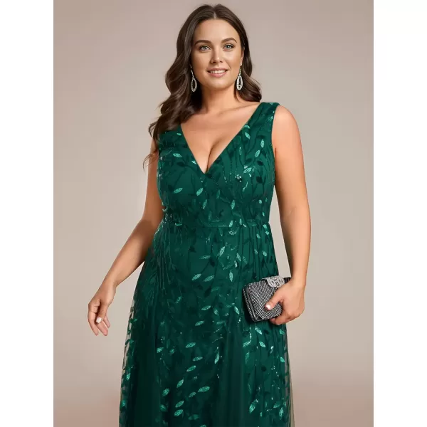 imageEverPretty Womens Plus Size V Neck Aline Sleeveless Sequin Emboridery Formal DressesAdark Green