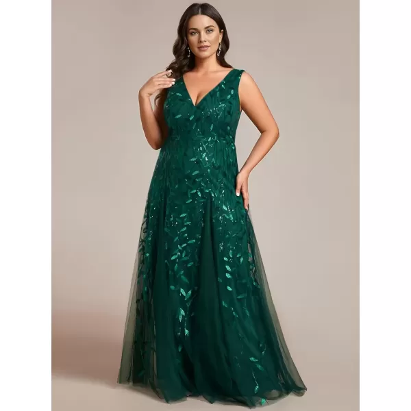 imageEverPretty Womens Plus Size V Neck Aline Sleeveless Sequin Emboridery Formal DressesAdark Green