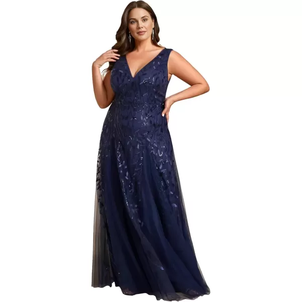 imageEverPretty Womens Plus Size V Neck Aline Sleeveless Sequin Emboridery Formal DressesAnavy Blue