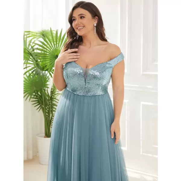 imageEverPretty Womens Plus Size V Neck Sequin Tulle A Line Formal Evening Dress 0277PZUSADemin Blue