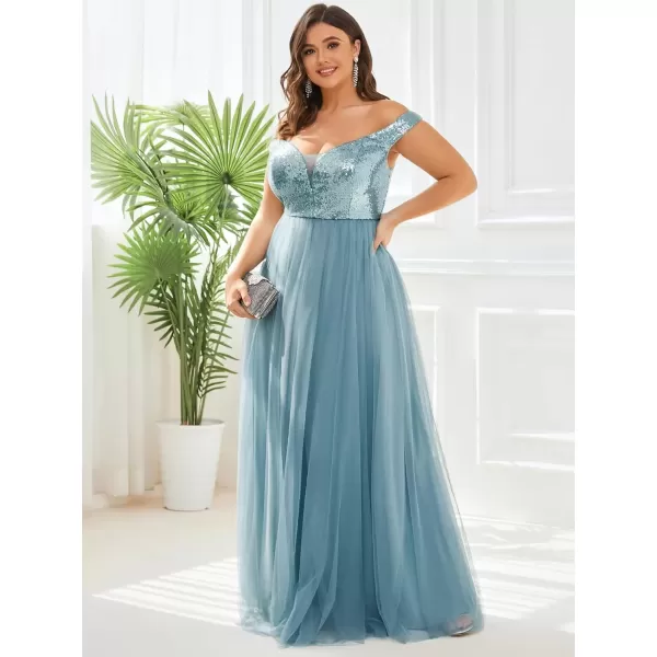 imageEverPretty Womens Plus Size V Neck Sequin Tulle A Line Formal Evening Dress 0277PZUSADemin Blue