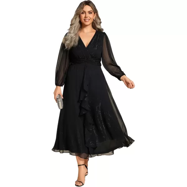 imageEverPretty Womens V Neck A Line Pleated Tea Length Plus Size Midi Semi Formal Dress Black1 20