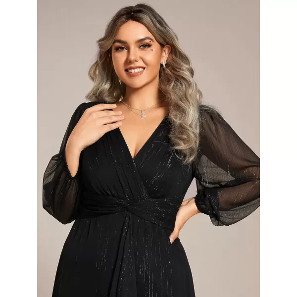 imageEverPretty Womens V Neck A Line Pleated Tea Length Plus Size Midi Semi Formal Dress Black1 20