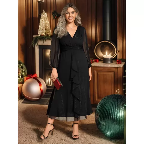 imageEverPretty Womens V Neck A Line Pleated Tea Length Plus Size Midi Semi Formal Dress Black1 20