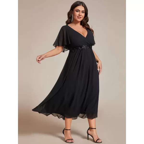 imageEverPretty Womens V Neck Pleated Plus Size Ruffles Sleeves Tea Length Wedding Guest Dresses 02093Black