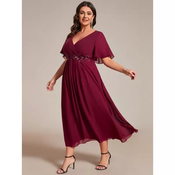 imageEverPretty Womens V Neck Pleated Plus Size Ruffles Sleeves Tea Length Wedding Guest Dresses 02093Burgundy