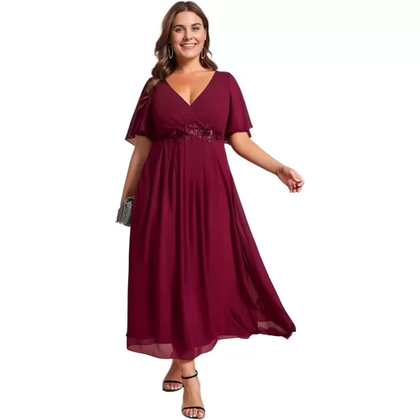 imageEverPretty Womens V Neck Pleated Plus Size Ruffles Sleeves Tea Length Wedding Guest Dresses 02093Burgundy