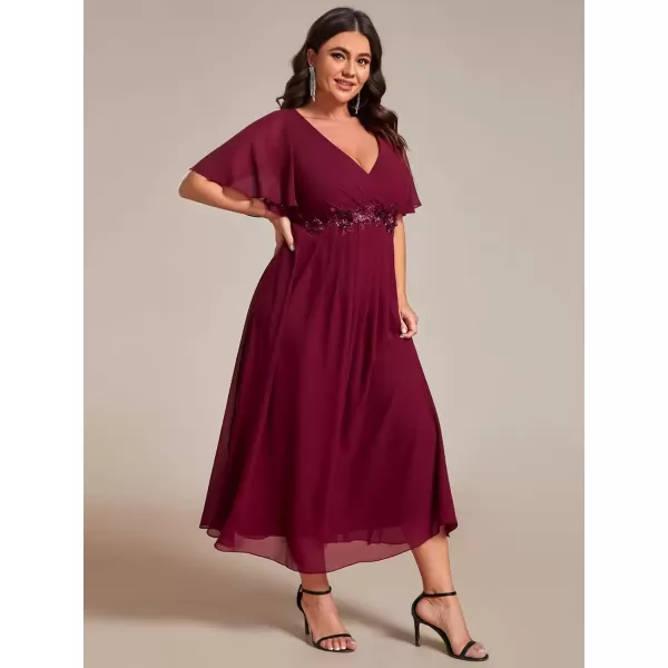 imageEverPretty Womens V Neck Pleated Plus Size Ruffles Sleeves Tea Length Wedding Guest Dresses 02093Burgundy