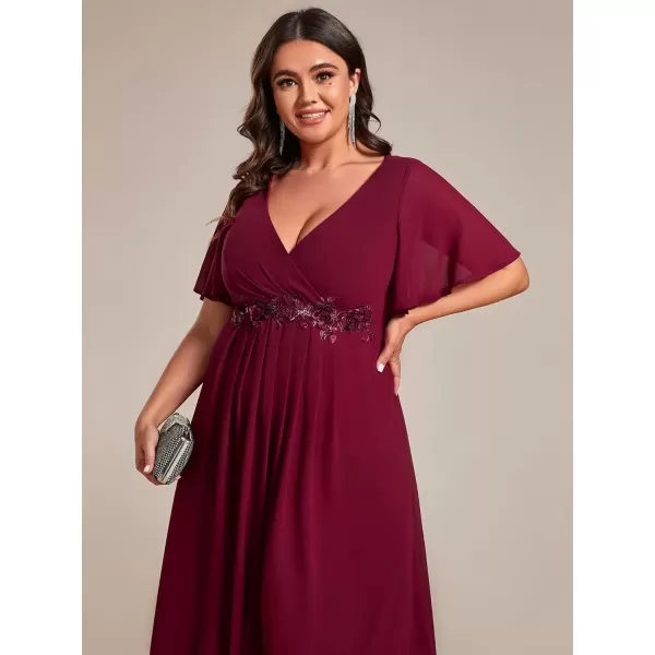 imageEverPretty Womens V Neck Pleated Plus Size Ruffles Sleeves Tea Length Wedding Guest Dresses 02093Burgundy