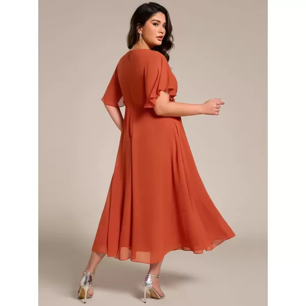 imageEverPretty Womens V Neck Pleated Plus Size Ruffles Sleeves Tea Length Wedding Guest Dresses 02093Burnt Orange