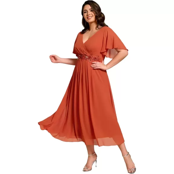 imageEverPretty Womens V Neck Pleated Plus Size Ruffles Sleeves Tea Length Wedding Guest Dresses 02093Burnt Orange