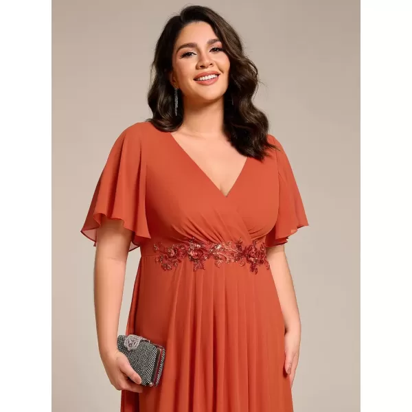 imageEverPretty Womens V Neck Pleated Plus Size Ruffles Sleeves Tea Length Wedding Guest Dresses 02093Burnt Orange