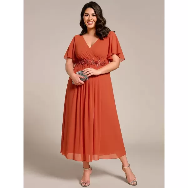 imageEverPretty Womens V Neck Pleated Plus Size Ruffles Sleeves Tea Length Wedding Guest Dresses 02093Burnt Orange