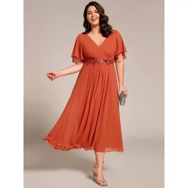 imageEverPretty Womens V Neck Pleated Plus Size Ruffles Sleeves Tea Length Wedding Guest Dresses 02093Burnt Orange