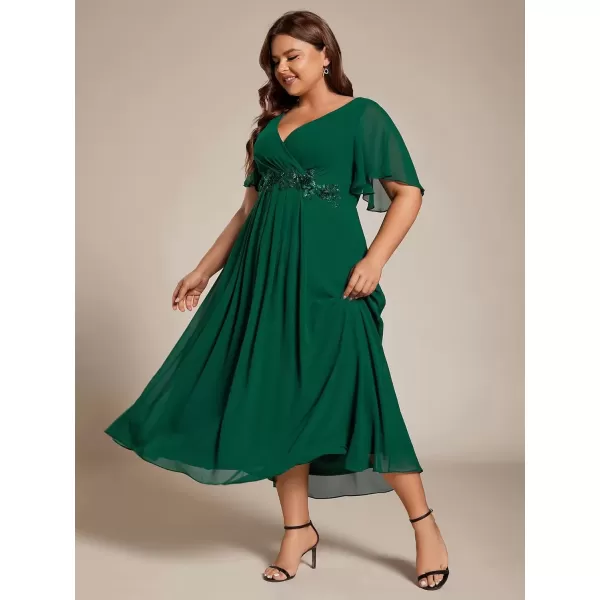 imageEverPretty Womens V Neck Pleated Plus Size Ruffles Sleeves Tea Length Wedding Guest Dresses 02093Dark Green