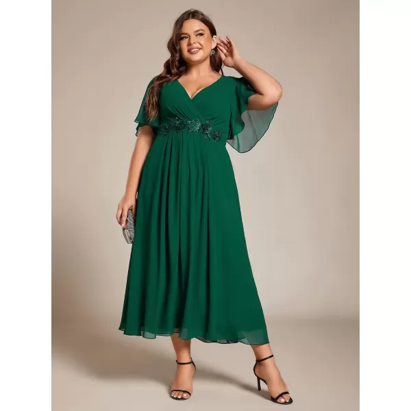 imageEverPretty Womens V Neck Pleated Plus Size Ruffles Sleeves Tea Length Wedding Guest Dresses 02093Dark Green