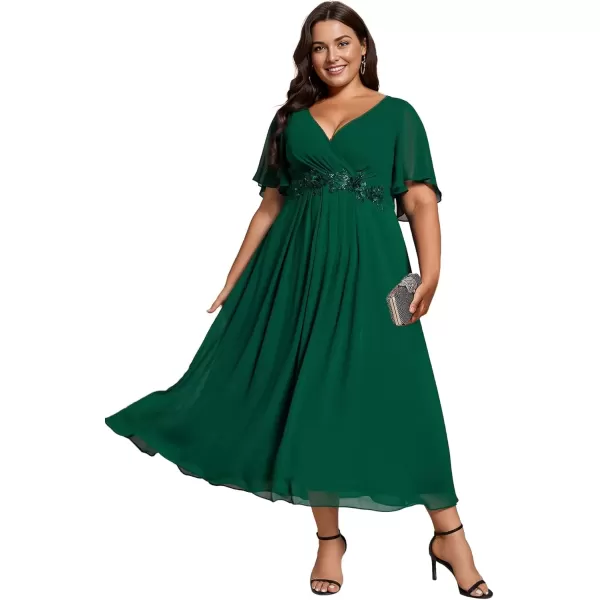 imageEverPretty Womens V Neck Pleated Plus Size Ruffles Sleeves Tea Length Wedding Guest Dresses 02093Dark Green