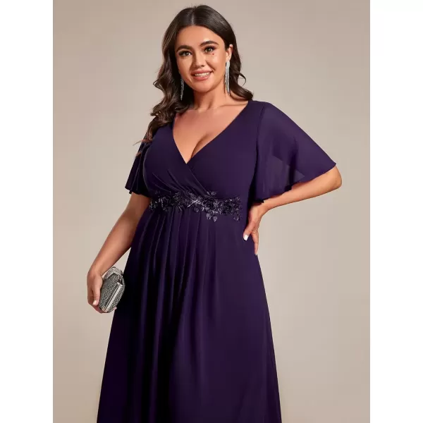 imageEverPretty Womens V Neck Pleated Plus Size Ruffles Sleeves Tea Length Wedding Guest Dresses 02093Deep Purple