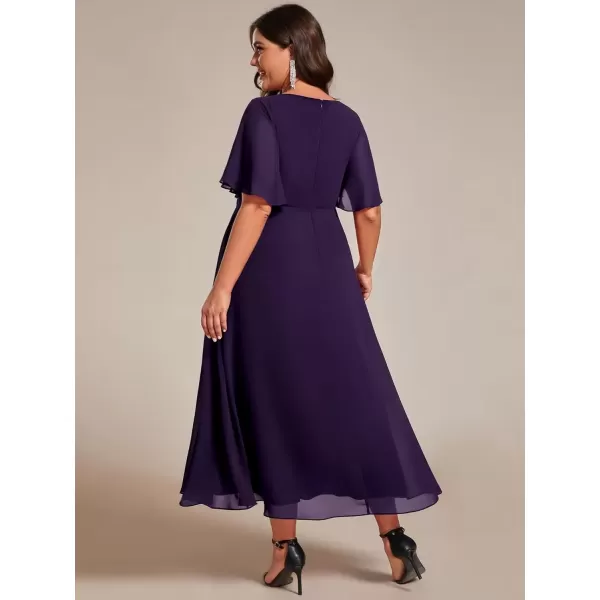 imageEverPretty Womens V Neck Pleated Plus Size Ruffles Sleeves Tea Length Wedding Guest Dresses 02093Deep Purple