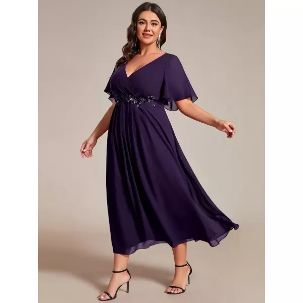 imageEverPretty Womens V Neck Pleated Plus Size Ruffles Sleeves Tea Length Wedding Guest Dresses 02093Deep Purple