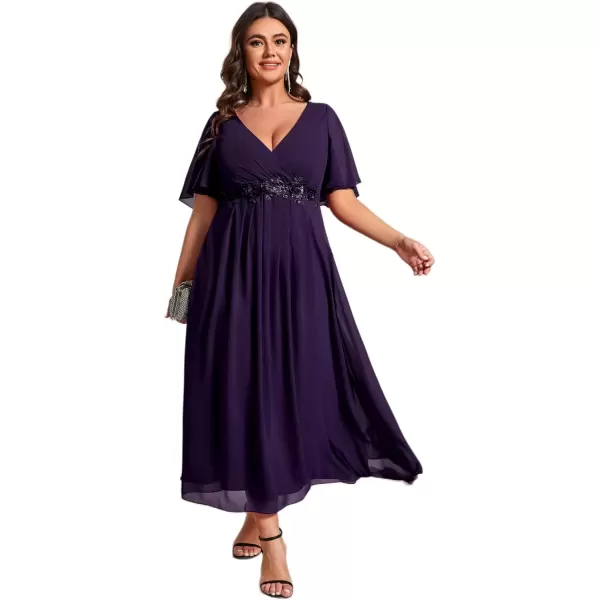 imageEverPretty Womens V Neck Pleated Plus Size Ruffles Sleeves Tea Length Wedding Guest Dresses 02093Deep Purple