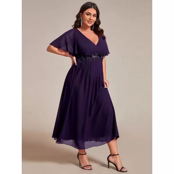 imageEverPretty Womens V Neck Pleated Plus Size Ruffles Sleeves Tea Length Wedding Guest Dresses 02093Deep Purple