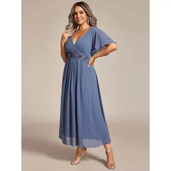 imageEverPretty Womens V Neck Pleated Plus Size Ruffles Sleeves Tea Length Wedding Guest Dresses 02093Dusty Navy