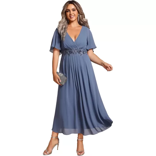 imageEverPretty Womens V Neck Pleated Plus Size Ruffles Sleeves Tea Length Wedding Guest Dresses 02093Dusty Navy