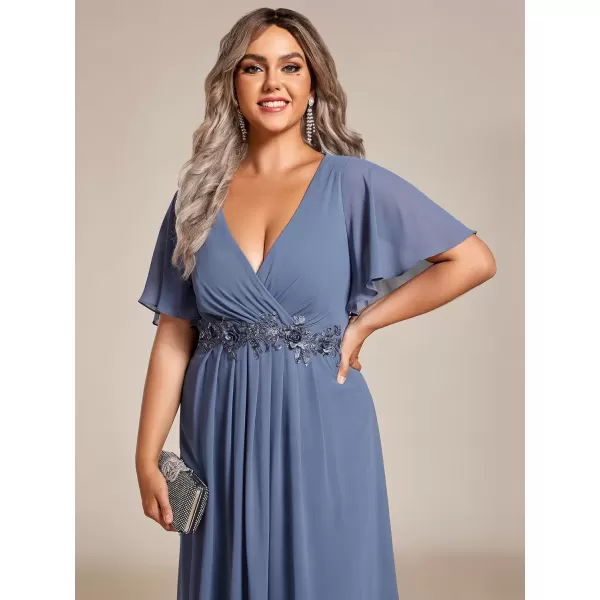 imageEverPretty Womens V Neck Pleated Plus Size Ruffles Sleeves Tea Length Wedding Guest Dresses 02093Dusty Navy