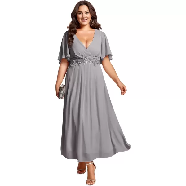 imageEverPretty Womens V Neck Pleated Plus Size Ruffles Sleeves Tea Length Wedding Guest Dresses 02093Grey